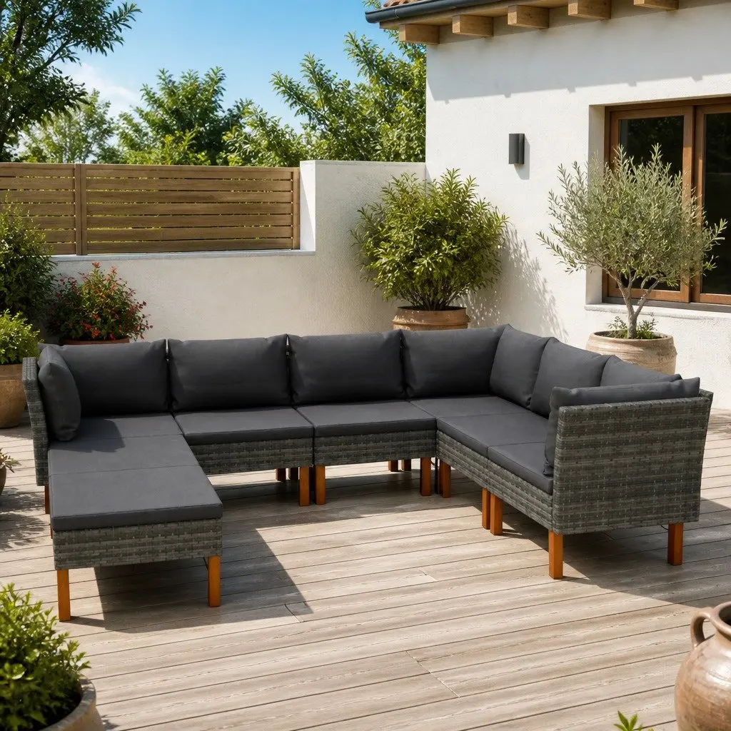 Garden Lounge Set 8 Piece Outdoor Patio Sofa PE Rattan Powder Coated Steel Frame Grey