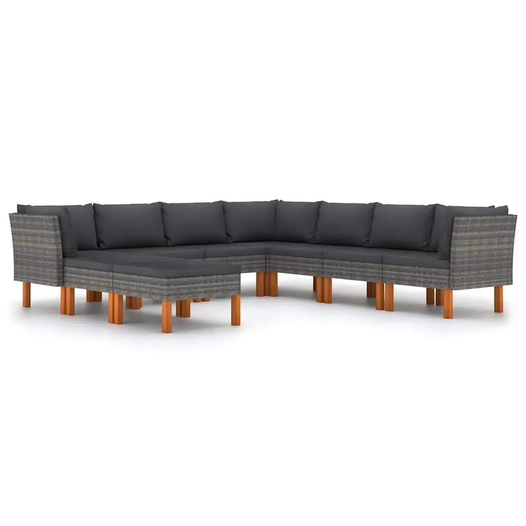 9 Piece Outdoor Furniture Set Grey PE Rattan Sofa with Cushions Powder Coated Steel Frame Eucalyptus Wood Legs