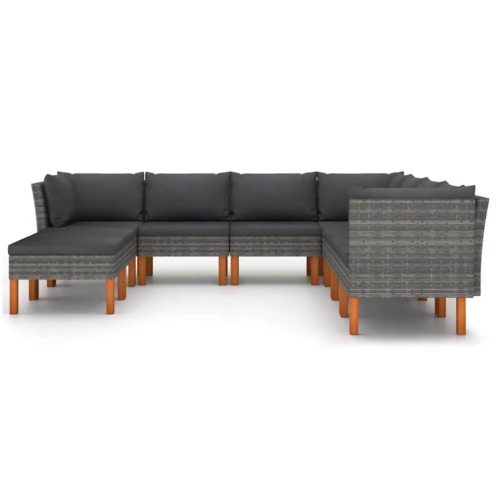 9 Piece Outdoor Furniture Set Grey PE Rattan Sofa with Cushions Powder Coated Steel Frame Eucalyptus Wood Legs