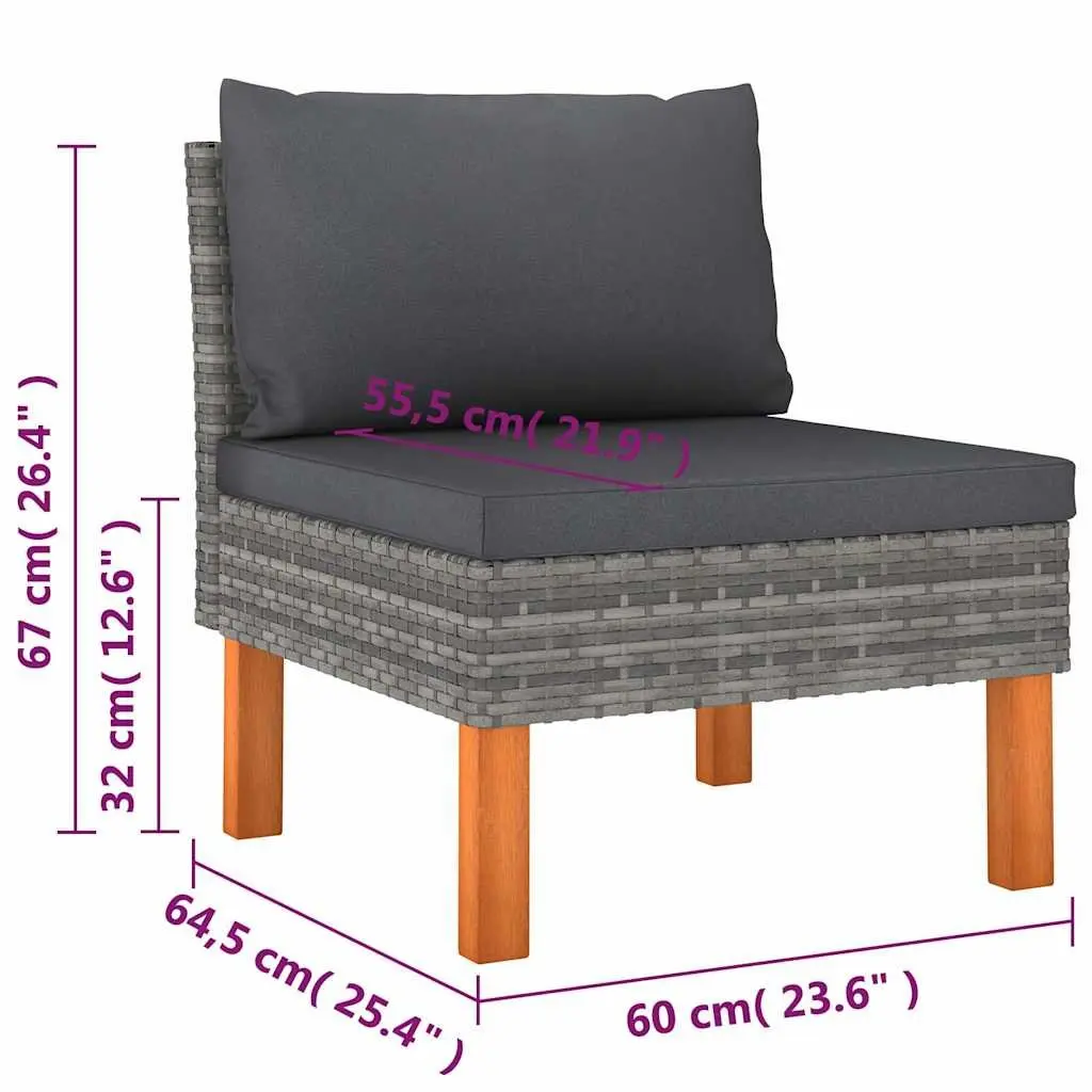 9 Piece Outdoor Furniture Set Grey PE Rattan Sofa with Cushions Powder Coated Steel Frame Eucalyptus Wood Legs