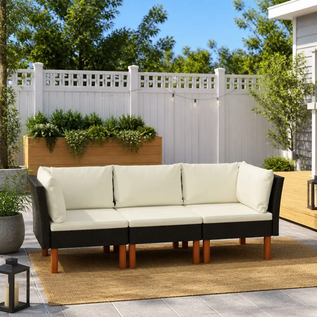 3-Seater Garden Sofa PE Rattan Black Outdoor Couch with Cushions