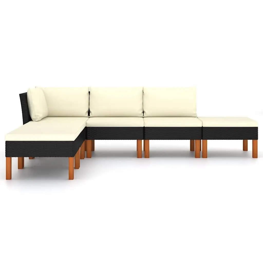 Garden Lounge Set PE Rattan Weave Powder-Coated Steel Frame Eucalyptus Wood Legs 6 Piece Outdoor Patio Sofa Furniture Black