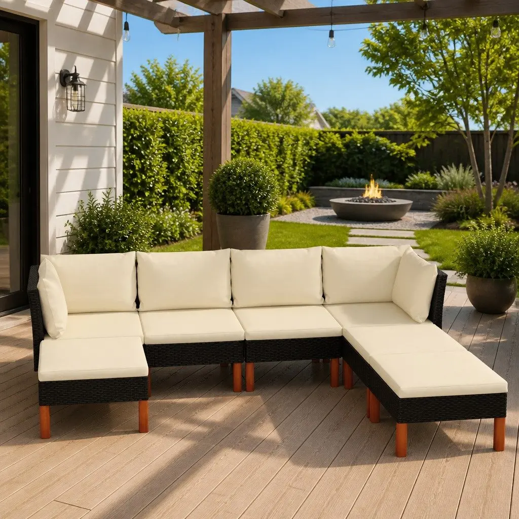 Garden Lounge Set 7 Piece Outdoor Furniture PE Rattan Powder-coated Steel Black