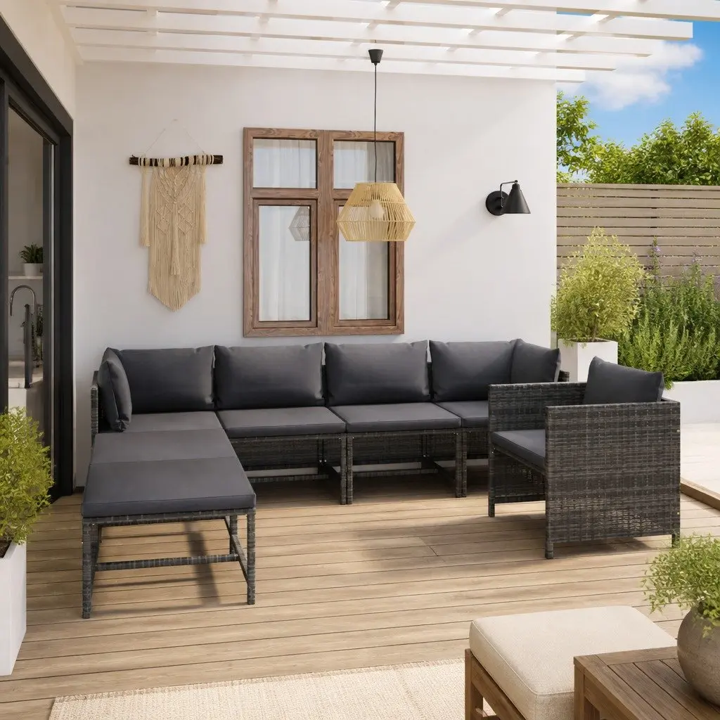 Outdoor Lounge Set Poly Rattan 7 Piece Grey