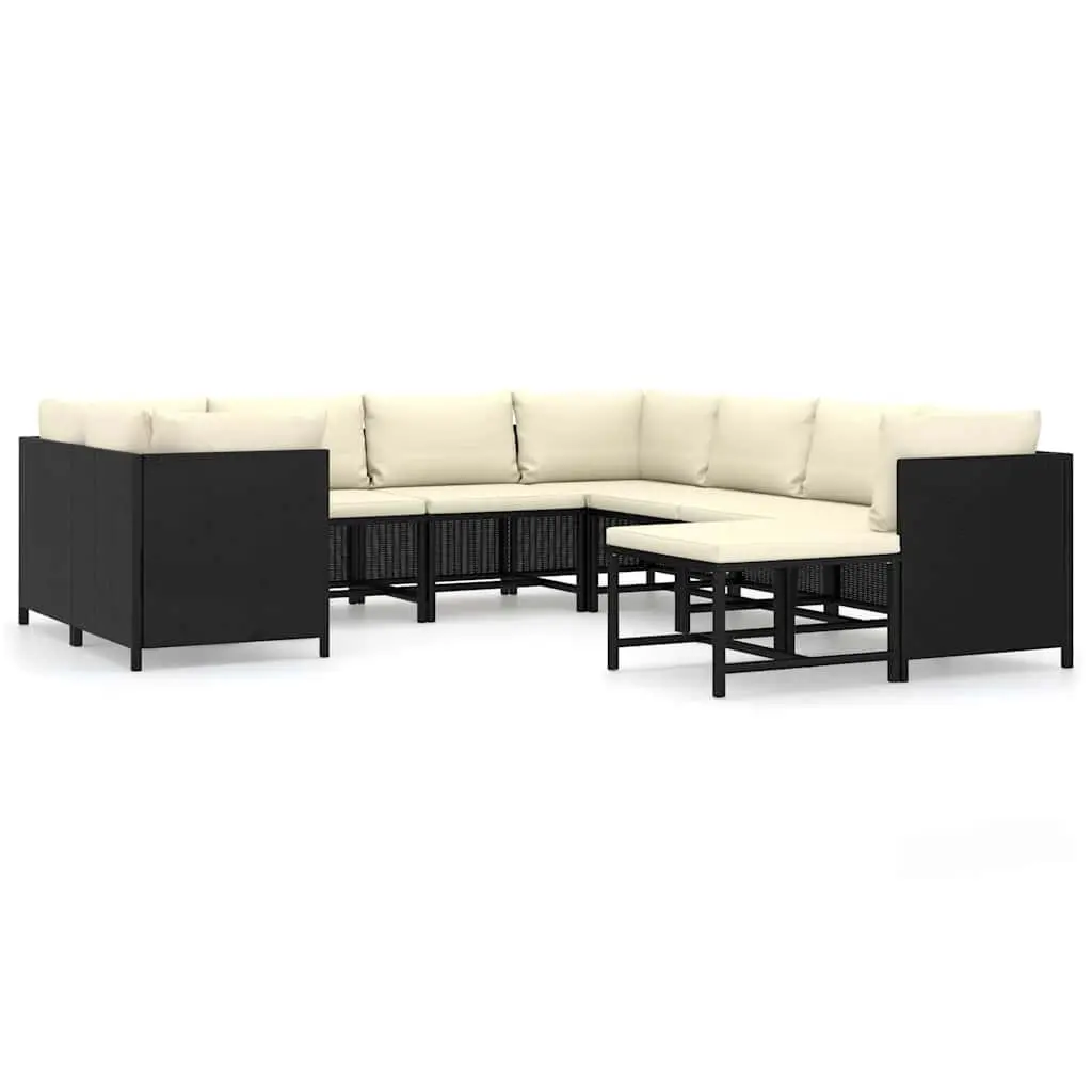 9 Piece Black Outdoor Lounge Set Poly Rattan Furniture with Cushion Covers and Powder Coated Steel Frame