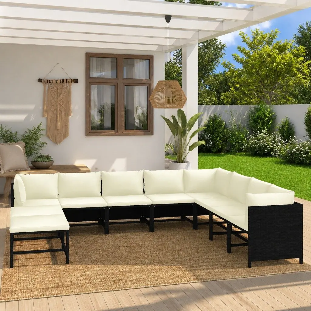 Outdoor Furniture Set Modular Black Poly Rattan 9 Piece Seating with Cushions