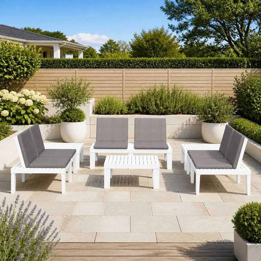 6 Piece Lounge Set Cushioned Seating Plastic White Patio Garden Furniture