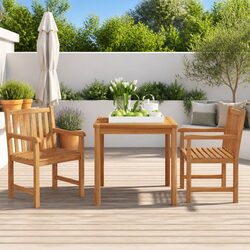 Garden Dining Set 3 Piece Teak Wood Outdoor Patio Table Chairs Brown