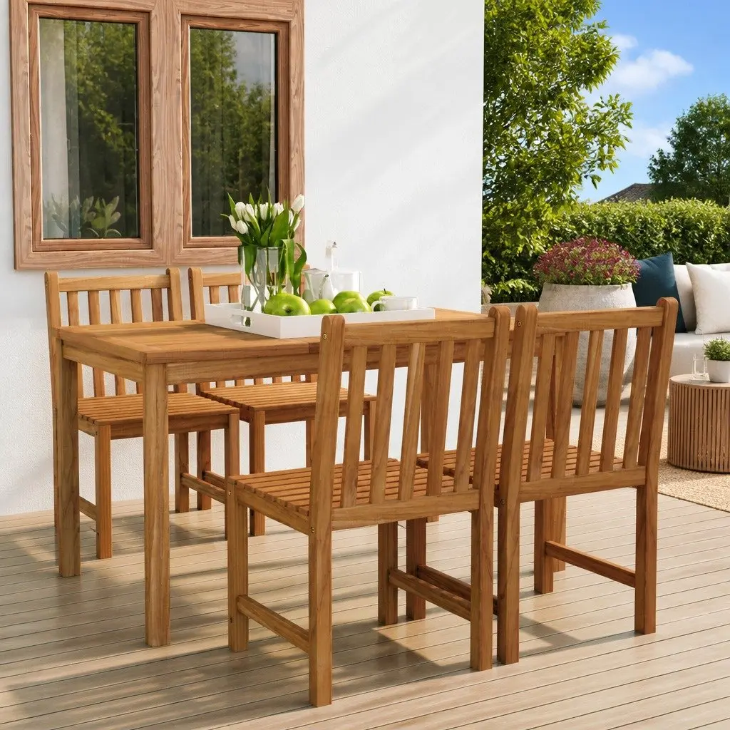 Teak Wood Outdoor Dining Set 5 Piece Brown Garden Furniture Table and Chairs