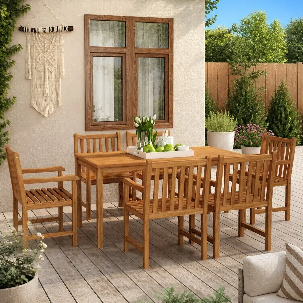 Teak Wood Outdoor Dining Set 7 Piece Brown Table and Chairs for Patio Garden Furniture