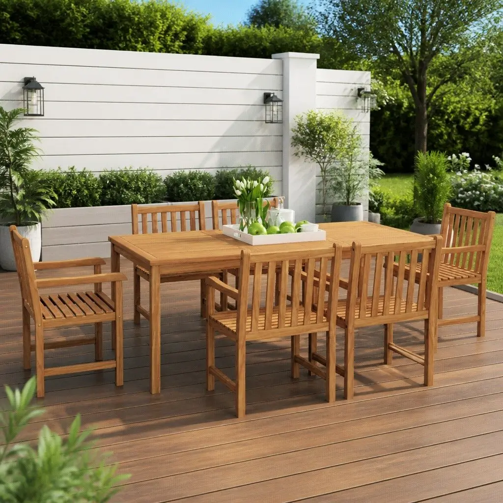 Outdoor Dining Set Solid Teak Wood 7 Piece Garden Furniture Table Chairs Brown