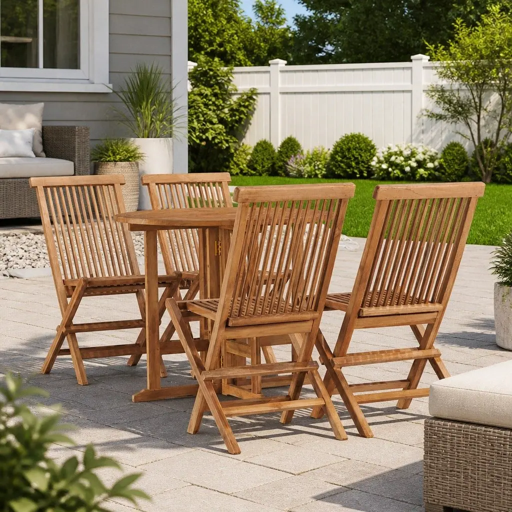 Outdoor Dining Set Teak Wood 5 Piece Folding Table Chairs Brown