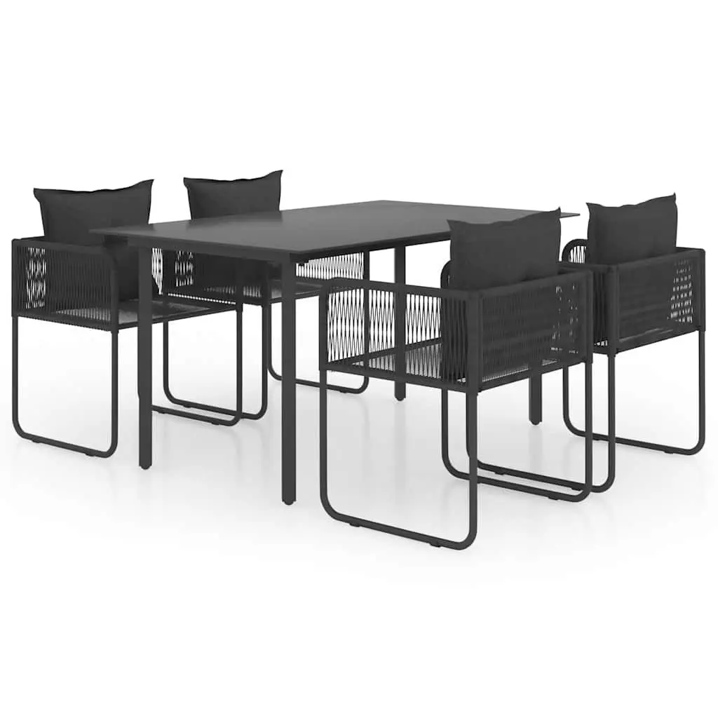 5 Piece Black Rattan Outdoor Dining Set with Steel Frame and Glass Table Top for Patio Garden Furniture