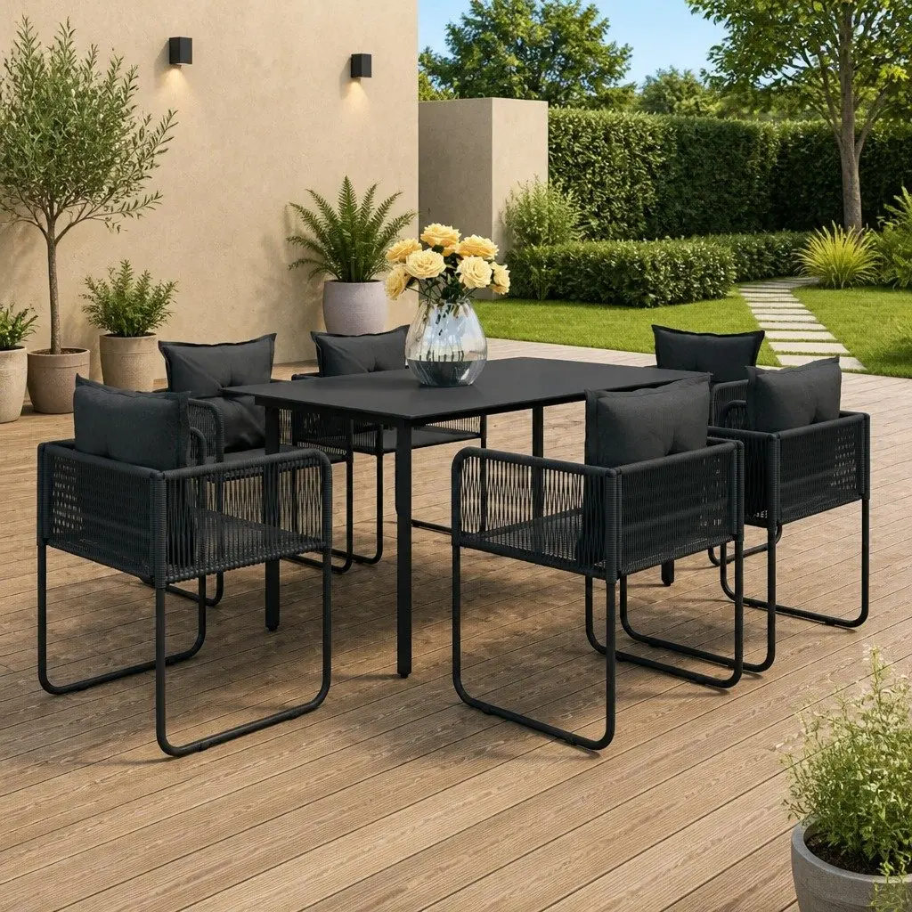 Outdoor Garden Dining Set 7 Piece Black Rattan Chair Table Patio Furniture