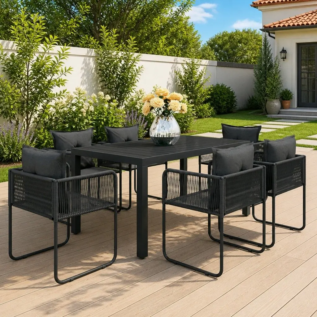 7 Piece Garden Dining Set Rattan PVC Steel Aluminium WPC Black