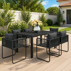 7 Piece Garden Dining Set Outdoor Patio Chair Table Rattan Black Furniture