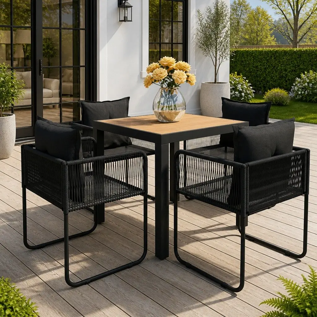 5 Piece Garden Dining Set PVC Rattan Chairs Powder-coated Steel Frame Aluminium Table WPC Top Black