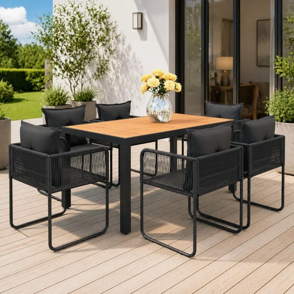 7 Piece Garden Dining Set Aluminium Table WPC Top PVC Rattan Chairs Powder-coated Steel Frame Black