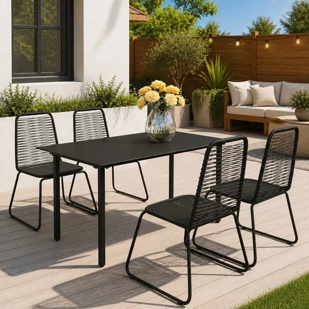 5 Piece Outdoor Dining Set PVC Rattan Chairs Glass Table Black