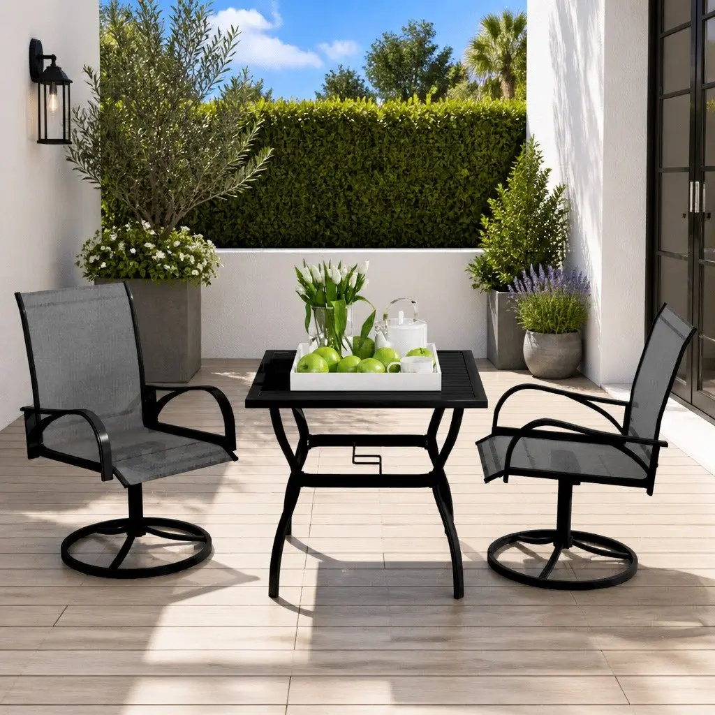 3 Piece Garden Dining Set Grey Textilene Chairs Powder Coated Steel Frame Outdoor Furniture