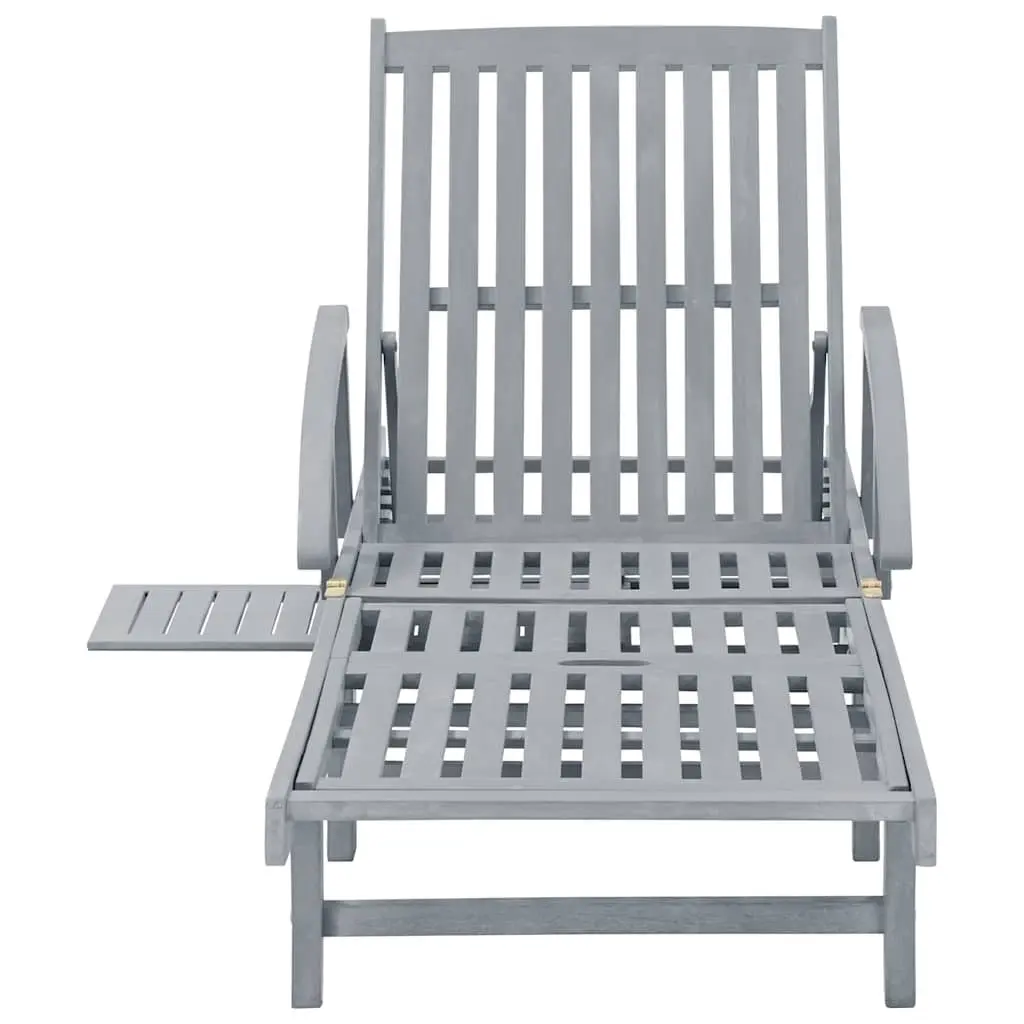 Sun Lounger Solid Acacia Wood Adjustable Backrest Footrest with Pull-out Table Wheels Grey