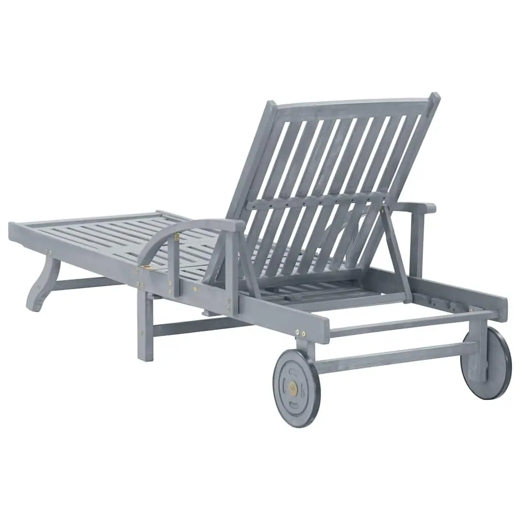 Sun Lounger Grey Wash Solid Acacia Wood Adjustable Backrest Footrest with Wheels and Pull-Out Table