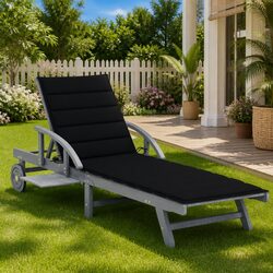 Garden Sun Lounger Wooden Lounger Adjustable Backrest Wheels Pull Out Table Grey