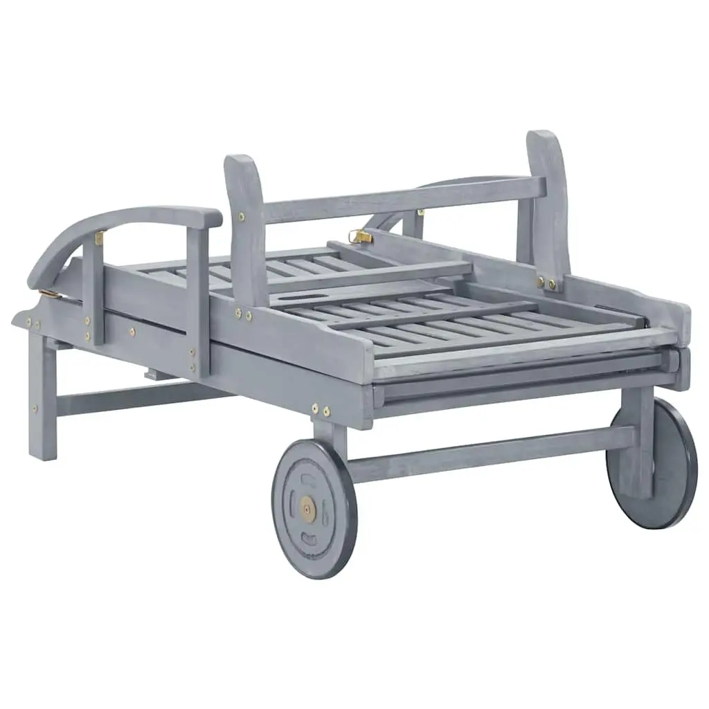 Wooden Adjustable Backrest Sun Lounger with Wheels and Pull Out Table in Grey for Patio Garden Pool