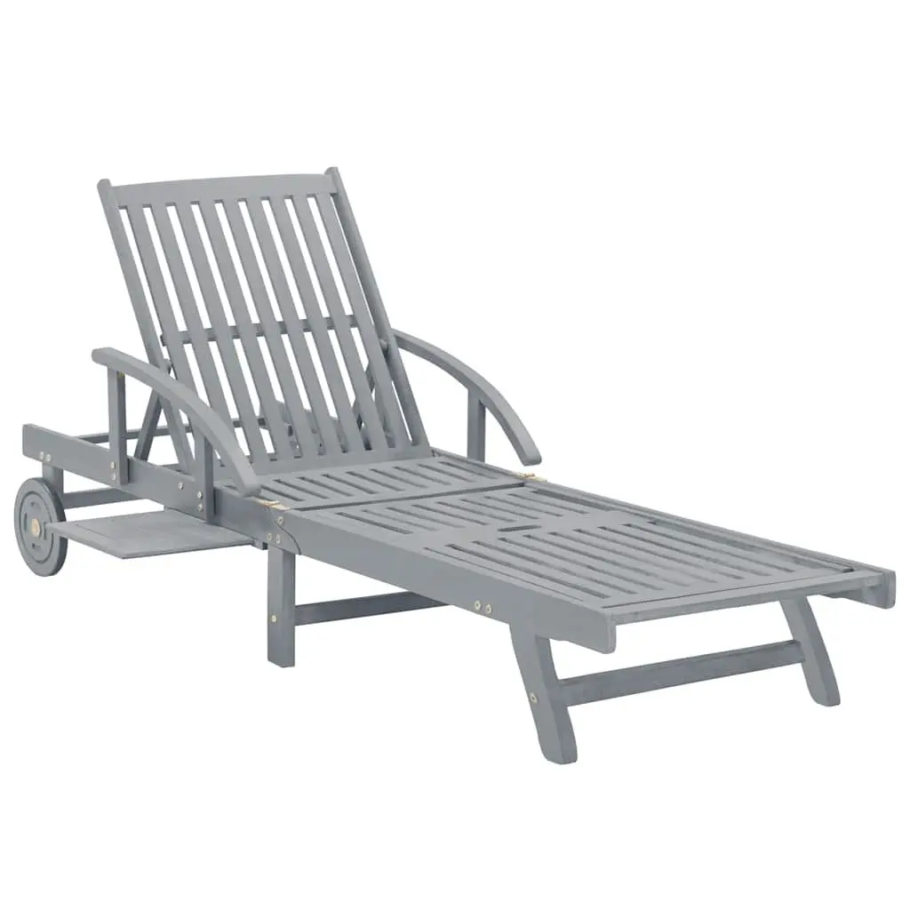Wooden Adjustable Backrest Sun Lounger with Wheels and Pull Out Table in Grey for Patio Garden Pool