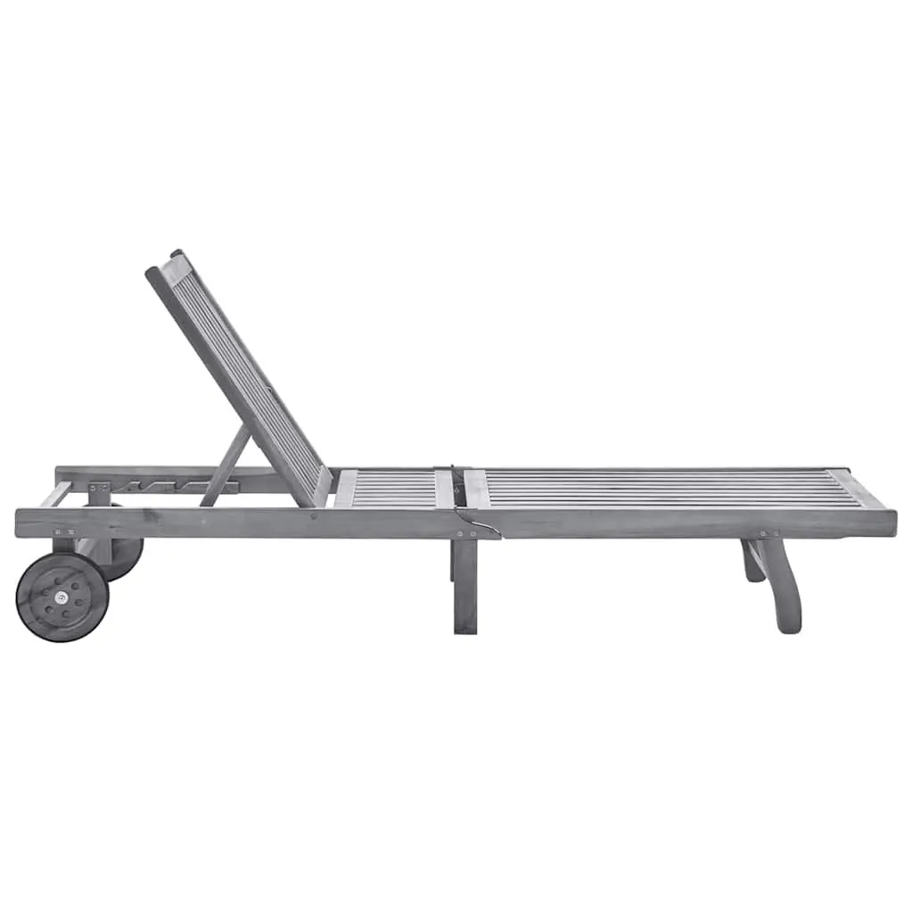 Sun Lounger Solid Acacia Wood Adjustable Backrest Cushion Grey