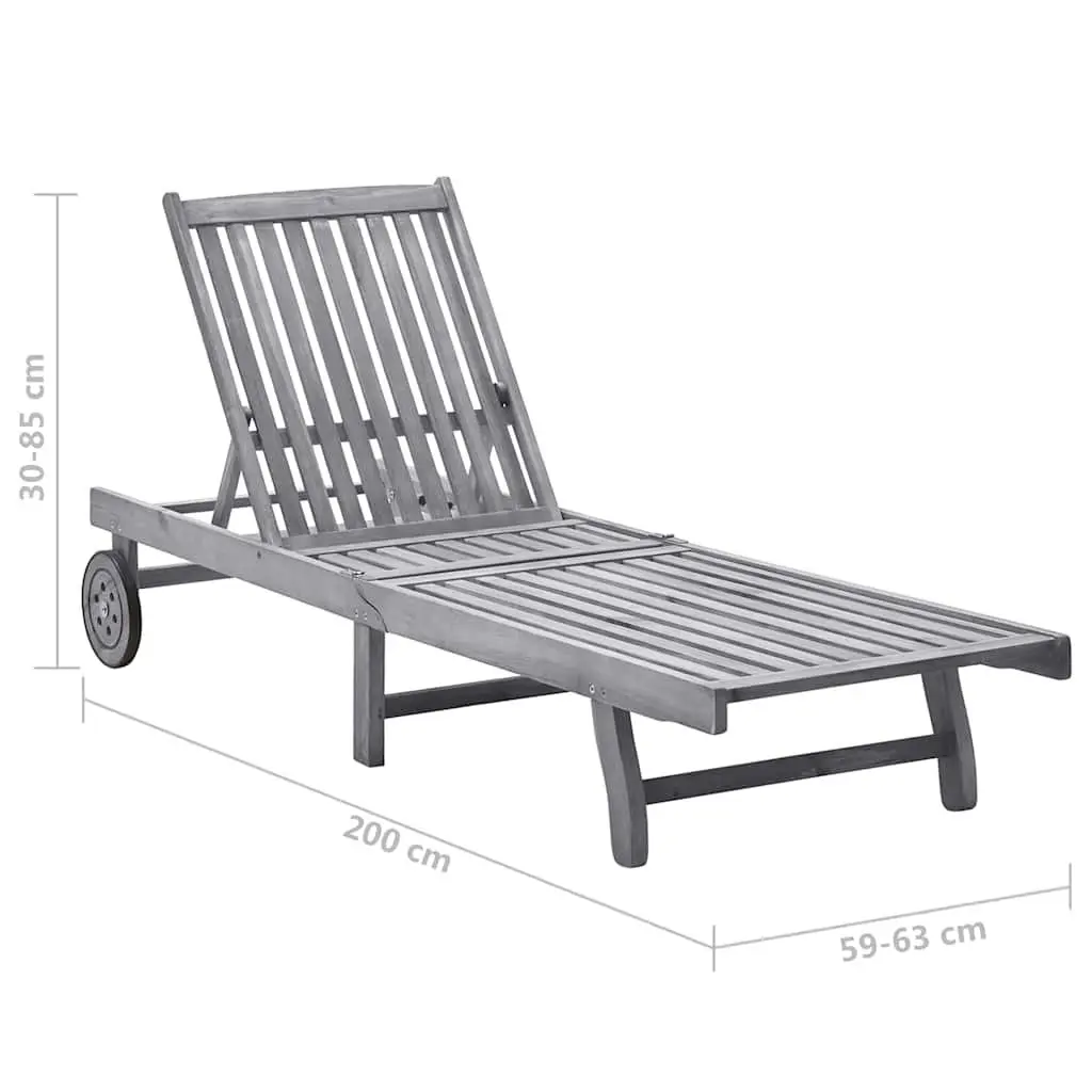 Sun Lounger Solid Acacia Wood Adjustable Backrest Cushion Grey