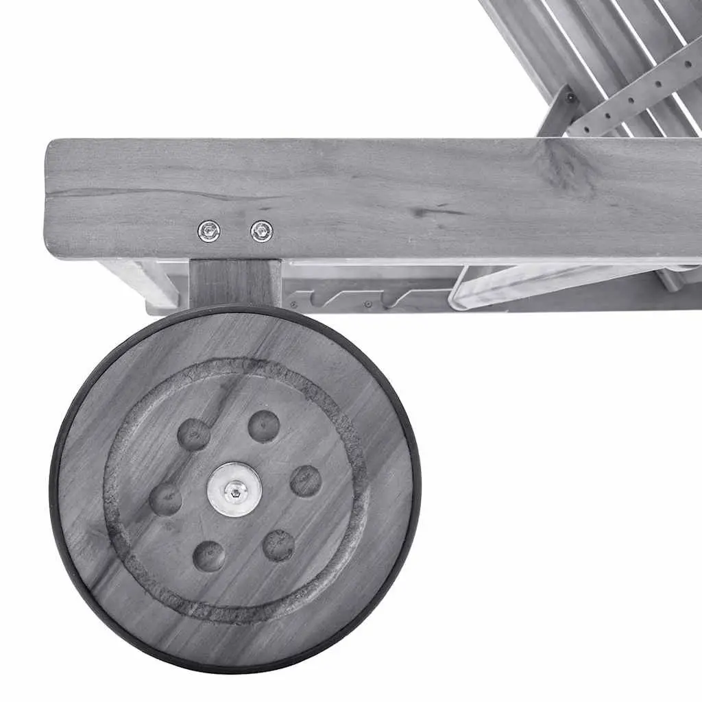 Outdoor Lounger Acacia Wood Adjustable Backrest Grey Cushion Patio Furniture with Wheels