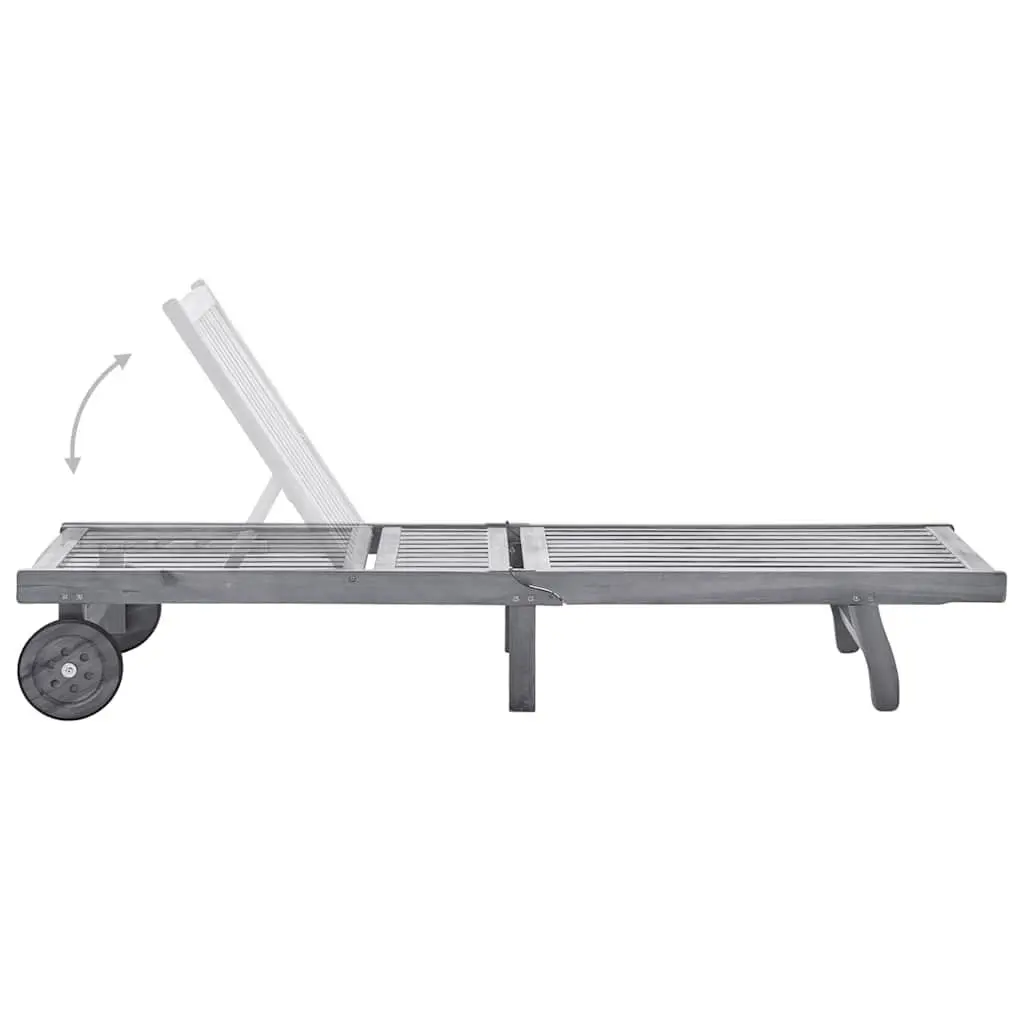 Outdoor Lounger Acacia Wood Adjustable Backrest Grey Cushion Patio Furniture with Wheels