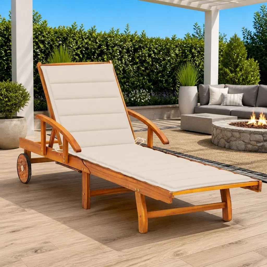 Sun Lounger Garden Outdoor Patio Relaxer Adjustable Backrest with Wheels Cushion