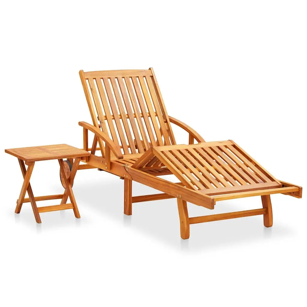 Sun Lounger Solid Acacia Wood Adjustable Backrest Cream Garden Outdoor with Side Table and Wheels