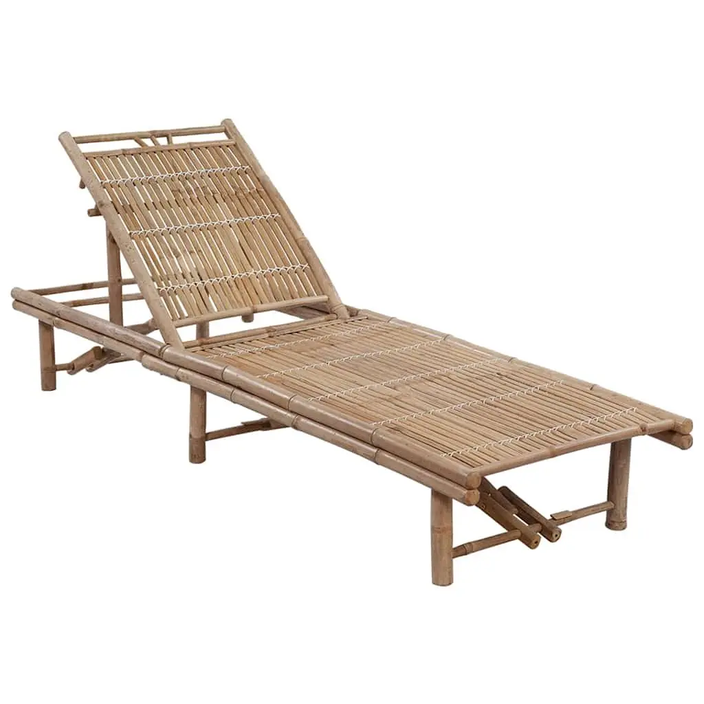 Bamboo Garden Chair Adjustable Reclining Sun Lounger Outdoor Seating Cream with Cushion