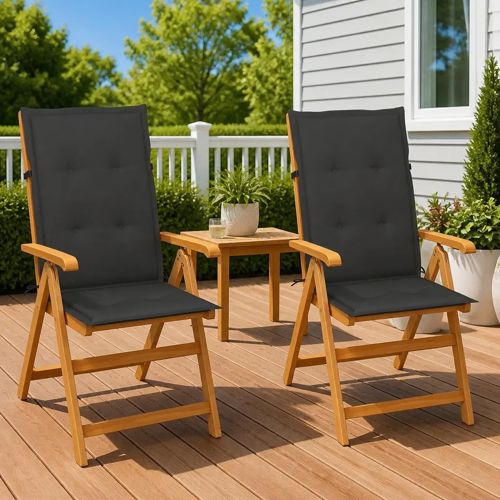Teak Wood Outdoor Patio Chairs Set 2 Pieces Reclining Lightweight Foldable with Cushions Anthracite