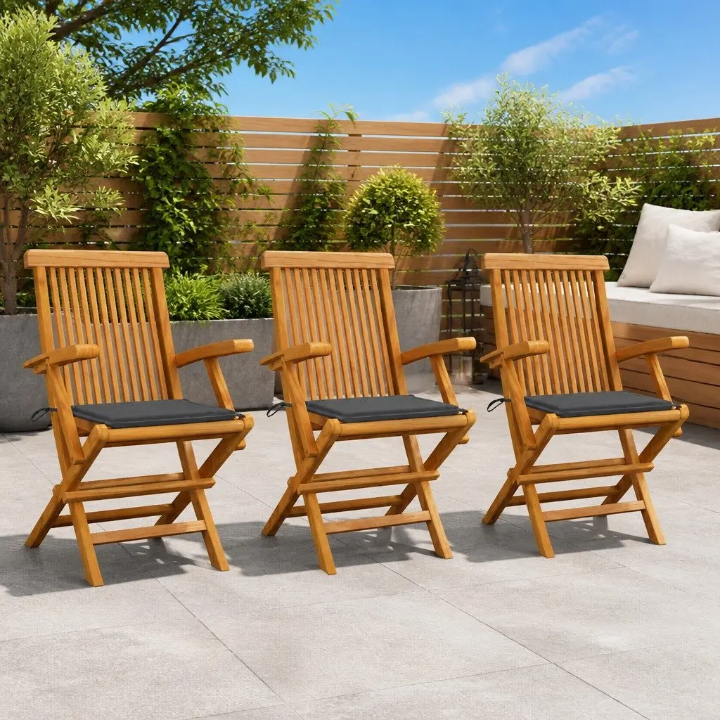 Outdoor Garden Chairs Teak Wood Foldable 3 Piece Set with Cushions Anthracite