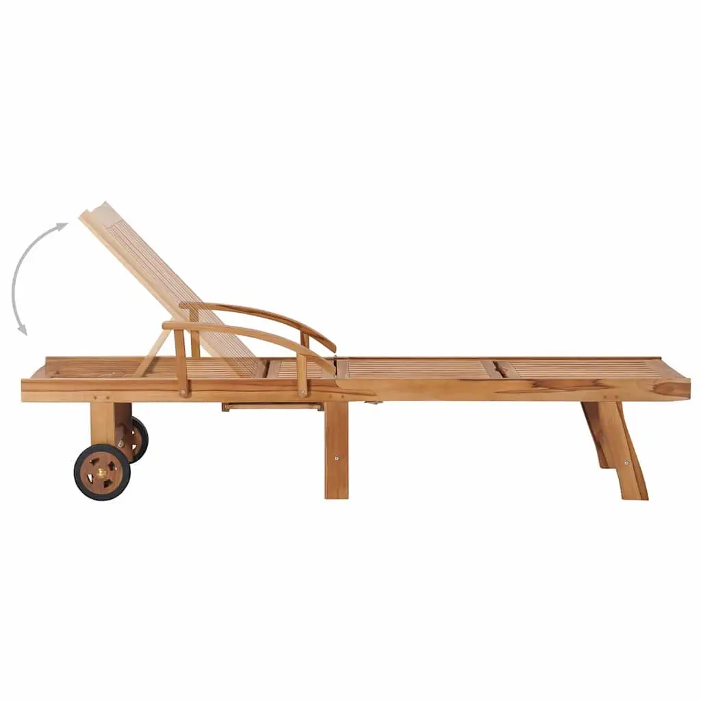 Sun Lounger Teak Hardwood Adjustable Backrest Grey Cushion with Wheels