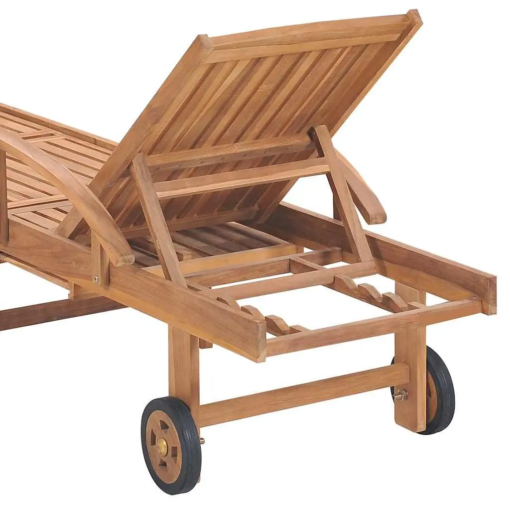 Sun Lounger Teak Hardwood Adjustable Backrest Grey Cushion with Wheels
