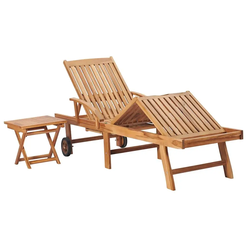 Sun Lounger Solid Teak Wood Adjustable Reclining Blue with Side Table and Cushion