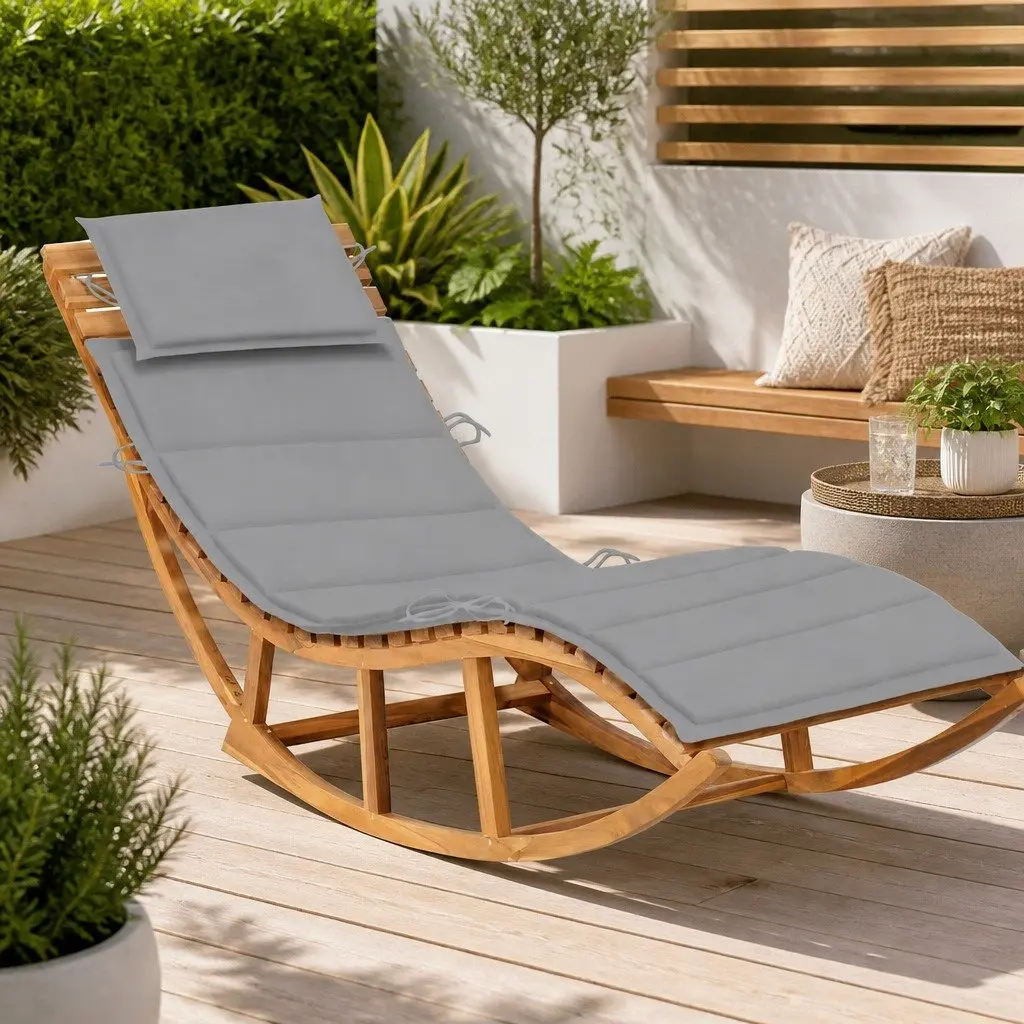 Wooden Rocking Sun Lounger Teak Hardwood Grey with Cushion