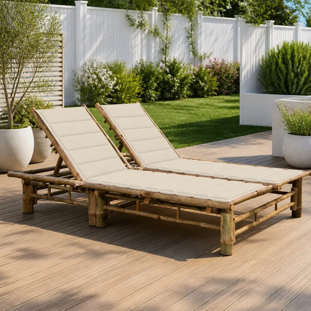 2-Person Sun Lounger Bamboo Adjustable Recliner Cream