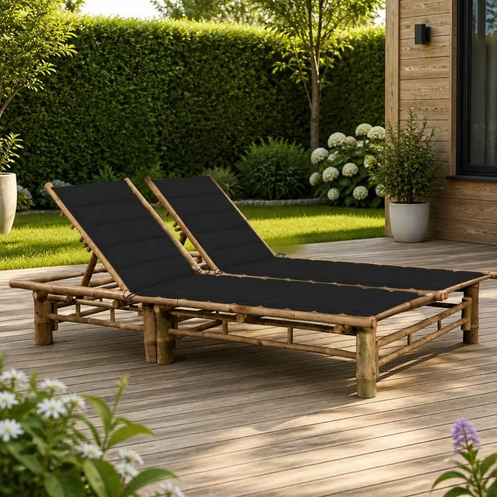 2-Person Sun Lounger Bamboo Outdoor Seating Adjustable Reclining Black