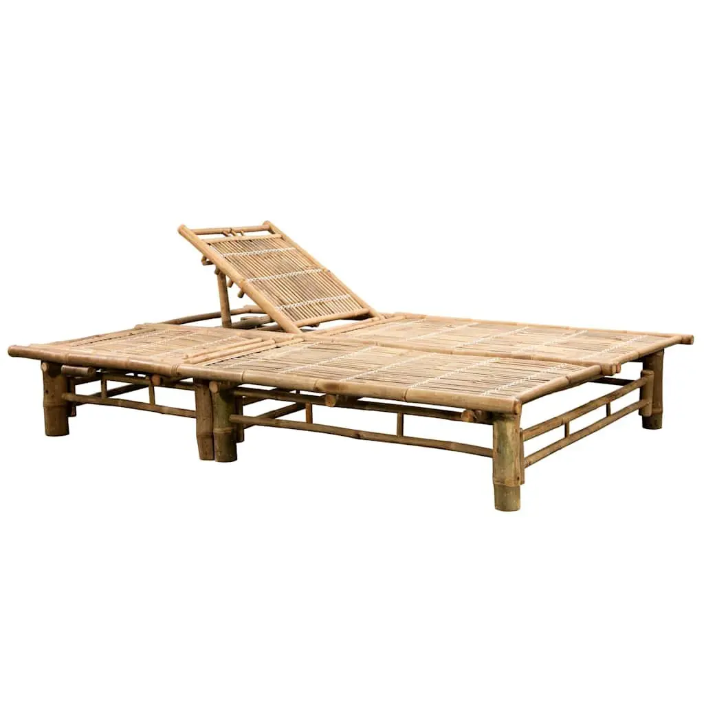 2-Person Sun Lounger Bamboo Outdoor Seating with Adjustable Backrest Cushions