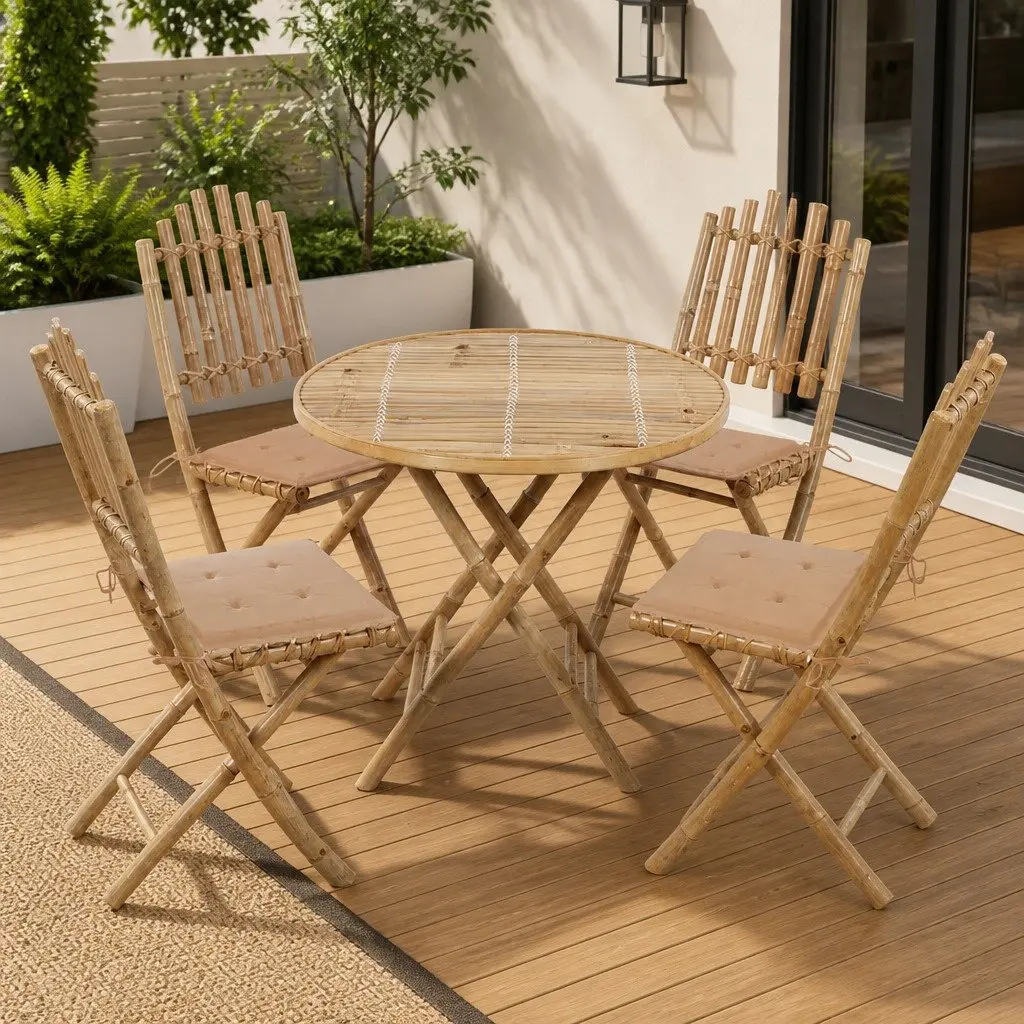 Bamboo Folding 5 Piece Outdoor Dining Set Weather Resistant Table Chairs with Cushions Beige