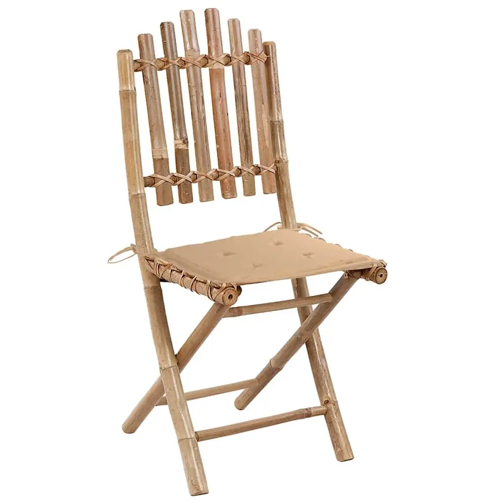 Bamboo Folding 5 Piece Outdoor Dining Set Weather Resistant Table Chairs with Cushions Beige