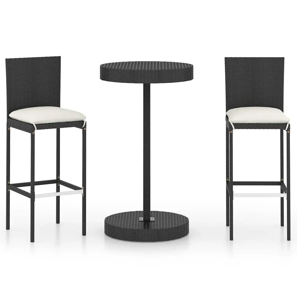 3 Piece Garden Bar Set Poly Rattan Bar Table Stools Black