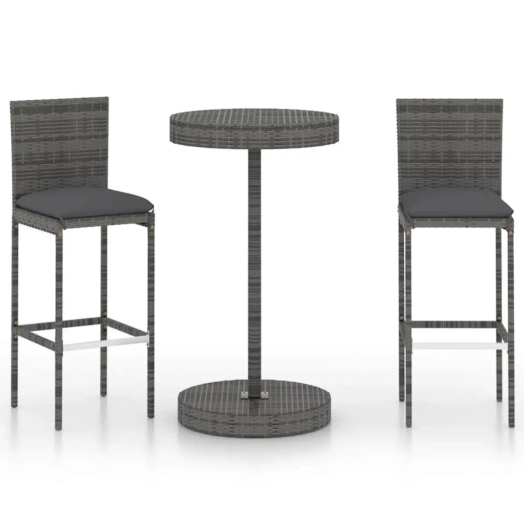 3 Piece Garden Bar Set Steel Frame Poly Rattan Bar Table and Stools Grey