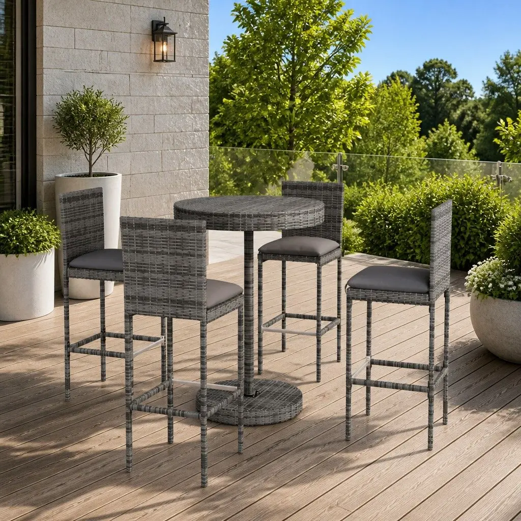 5 Piece Outdoor Bar Set Grey Poly Rattan Stools Table with Cushions Powder-Coated Steel Frame